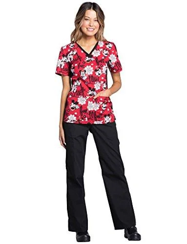 Cherokee Tooniforms TF648 Women's V-Neck Knit Panel Print Scrub Top