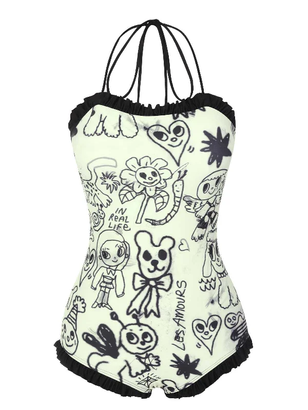 1960s Halter Printed Ruffles One-Piece Swimsuit