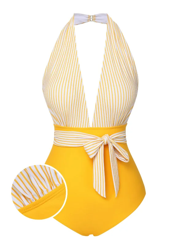 Yellow 1950s Halter Striped Patchwork Swimsuit