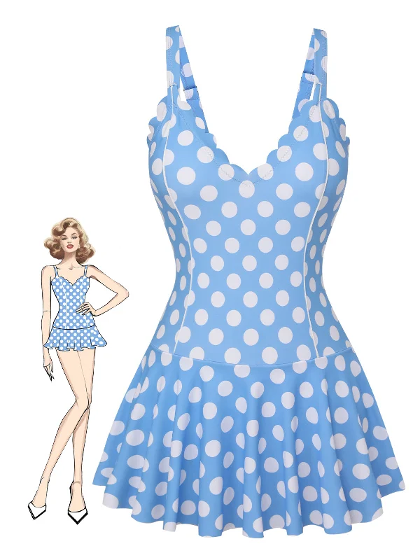 Blue 1960s Polka Dot Petal Neck Swimsuit