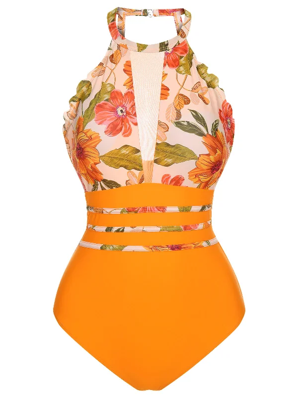 Orange 1960s Halter Floral One-Piece Swimsuit