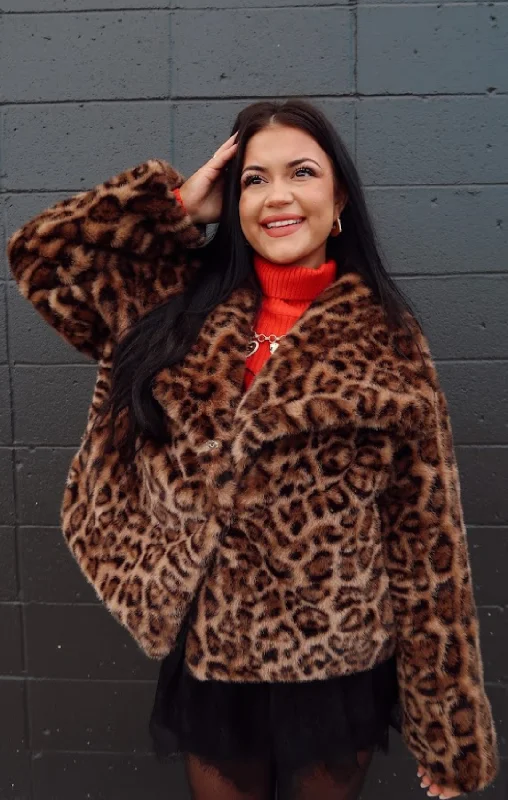 Leopard V-Neck Faux Fur Coat