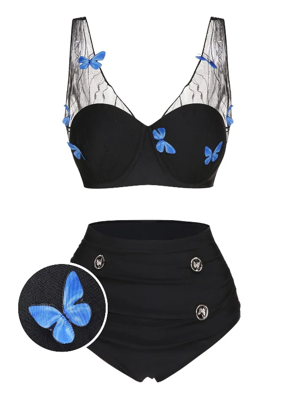 Black 1960s 3D Butterfly Mesh Pleated Swimsuit