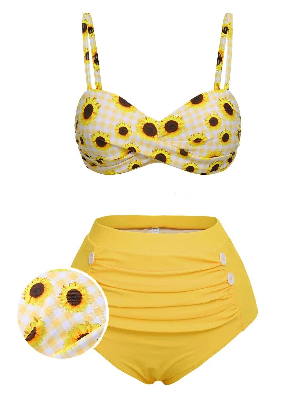 Yellow 1950s Spaghetti Strap Sunflower Plaids Swimsuit