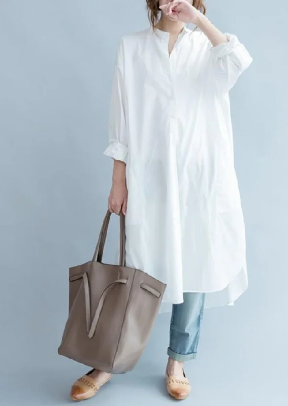 White Fashion Solid Color Cotton Long Shirt Dresses