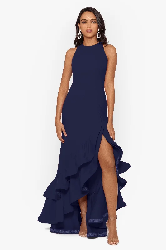 "Arielle" Scuba Crepe Ruffle Slit Gown