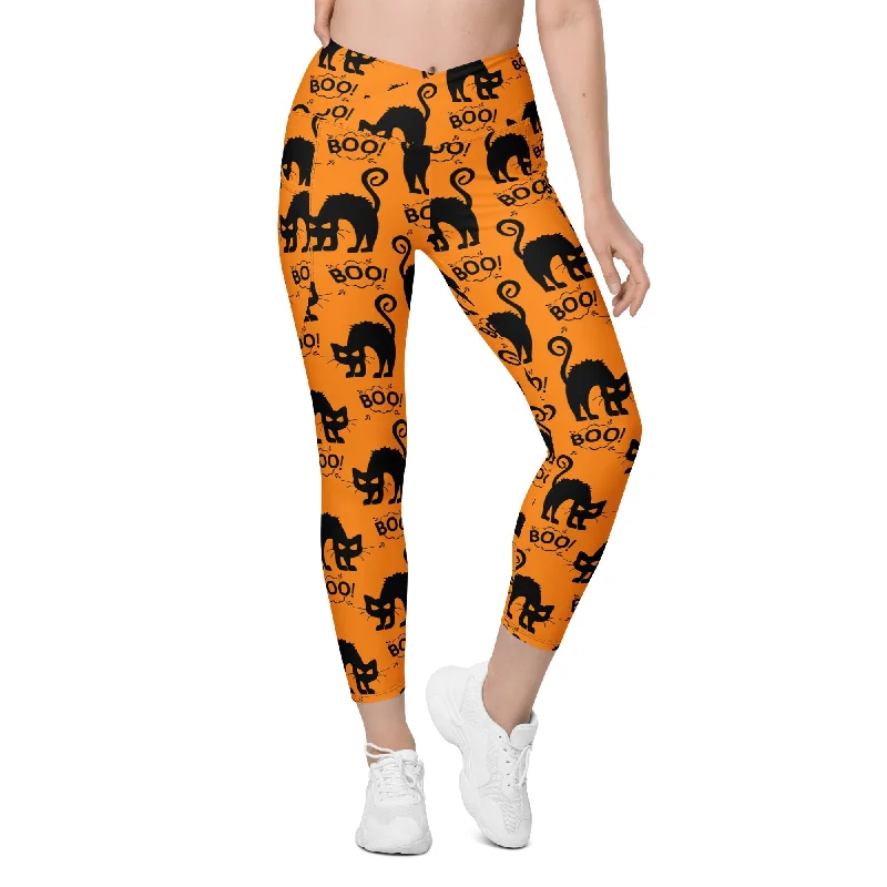 Black Kitty Halloween Crossover Leggings With Pockets