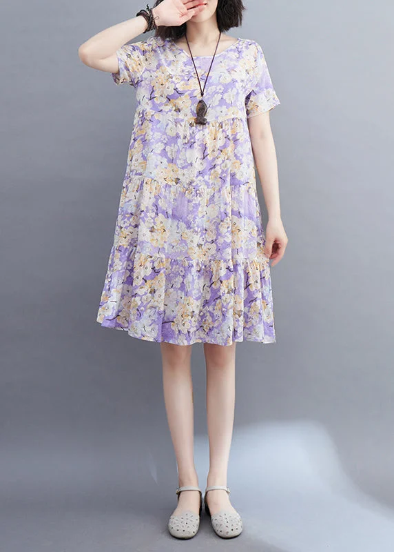 Women Light Purple Patchwork Print Mid Dresses Short Sleeveomen Light Purple Patchwork Print Mid Dresses Short Sleeve