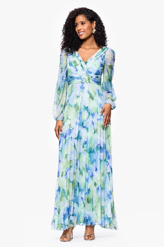 "Dara" Long Sleeve Chiffon Print Floor Length Dress