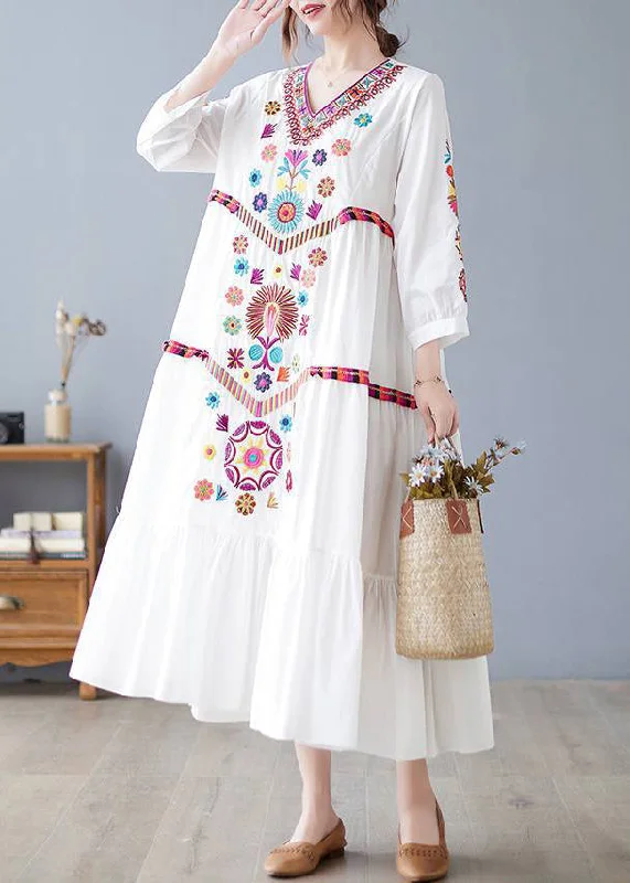 New White V Neck Embroidered Cotton Long Dresses Spring