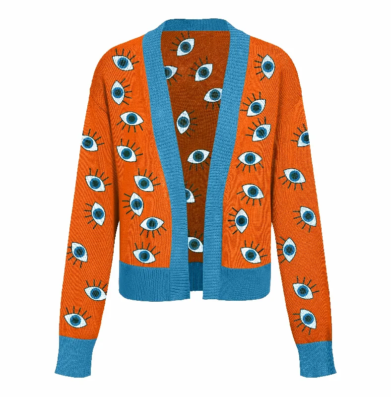 Women's orange jacquard cardigan sweater