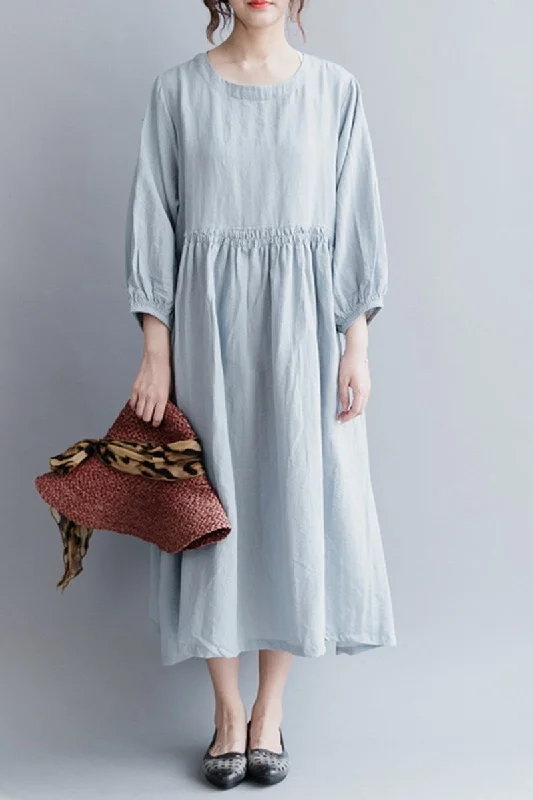 Light Blue Women Long Dresses Cotton Linen Loose Lady Dress