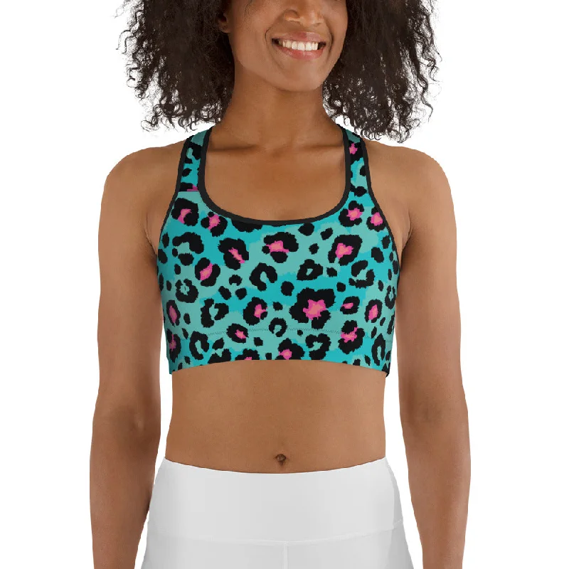 Turquoise Leopard Print Sports Bra