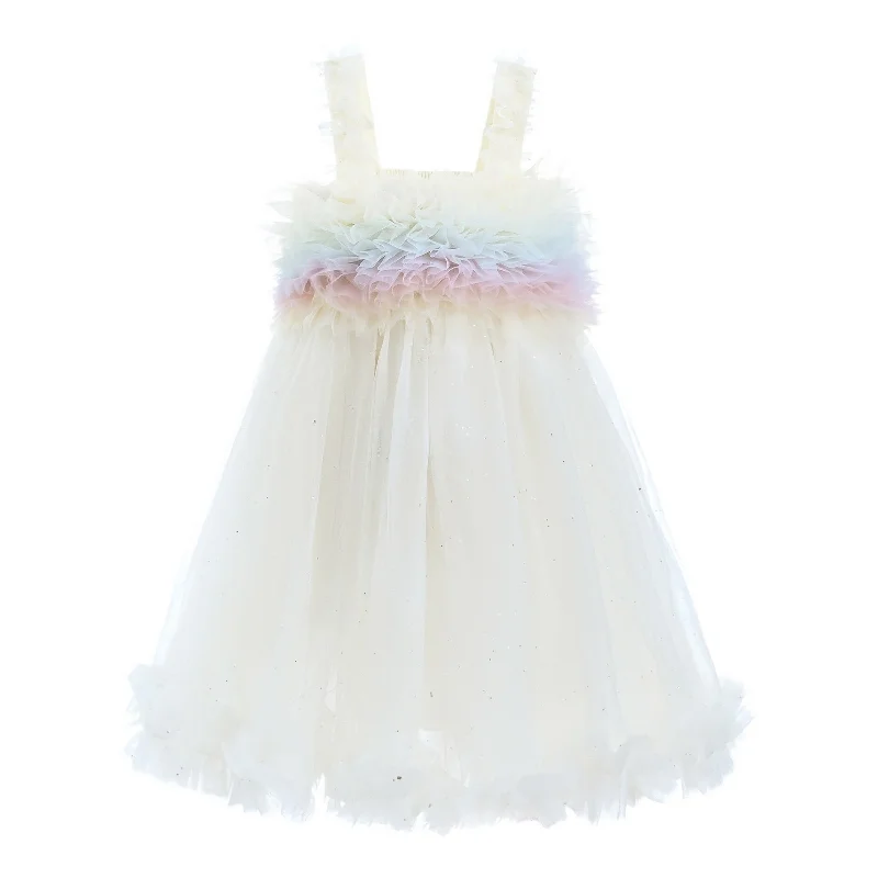 White Rainbow Ruffle Trapeze Dress