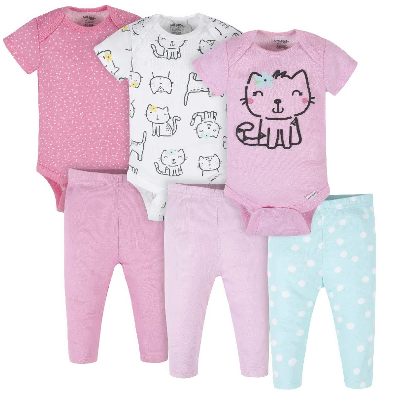 6-Piece Baby Girls Cat Onesies® Brand Bodysuits & Pants Set