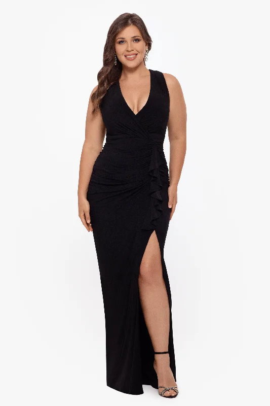 Plus "Bobbi" Long Ruffled V-Neck Gown