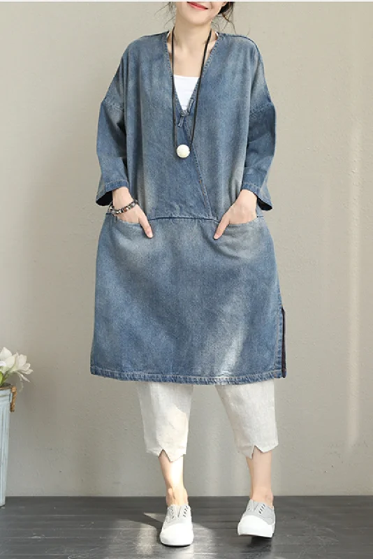 Vintage Loose Blue Denim Dresses Women Cotton Outfits