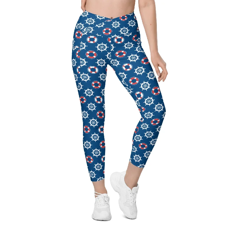 Nautical Crossover Leggings With Pockets