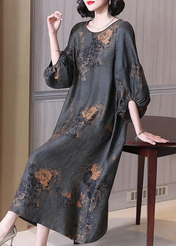 Grey O Neck Print Silk Long Dresses Summer