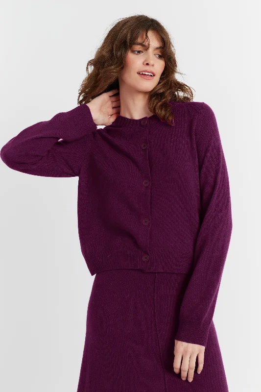 Plum Wool-Cashmere Crew Neck Cardigan