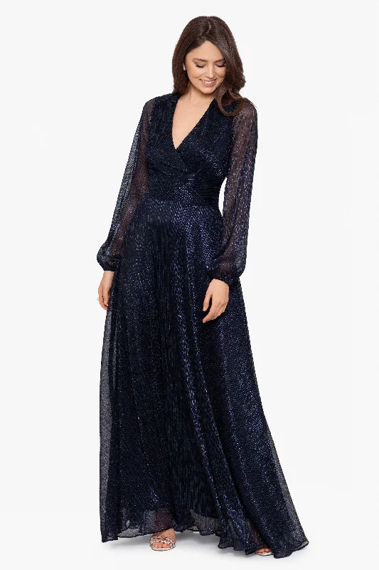 "Reign" Long Sleeve V Neck Metallic Knit Wrap Dress