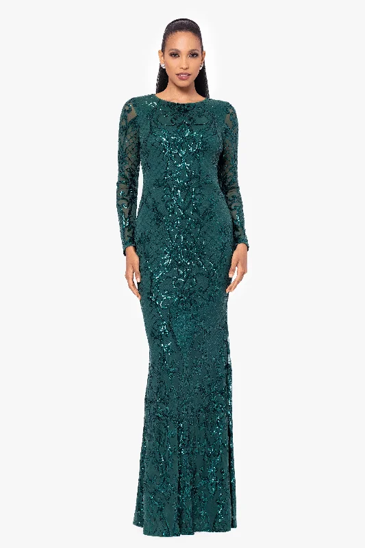 "Nara" Long Sleeve Sequin Placement Gown