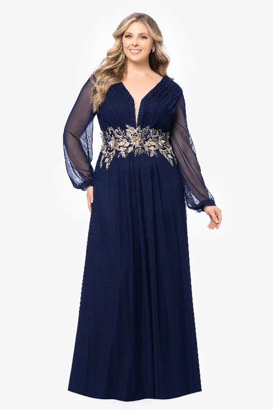 Plus "Rebecca" Long Sleeve Embroidered Mesh Gown