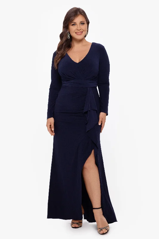 Plus "Elle" Long Sleeve Side Ruffled Slit Gown