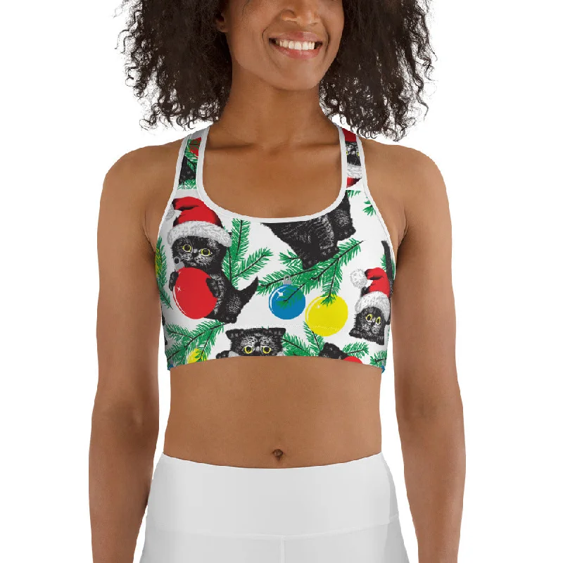 Cute Christmas Cat Sports Bra