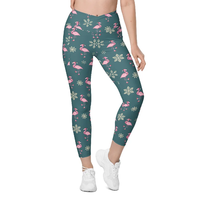 Festive Flamingos Crossover Leggings With Pockets