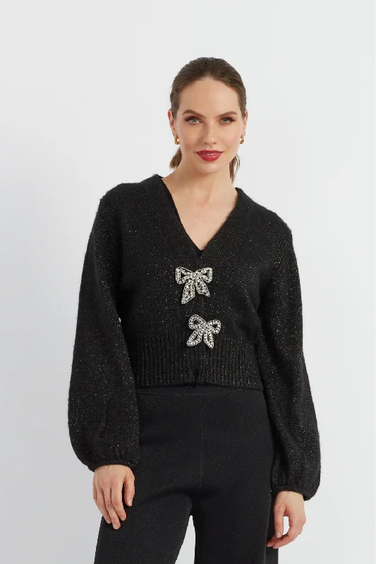 Black Merino Bow Brooch Cardigan