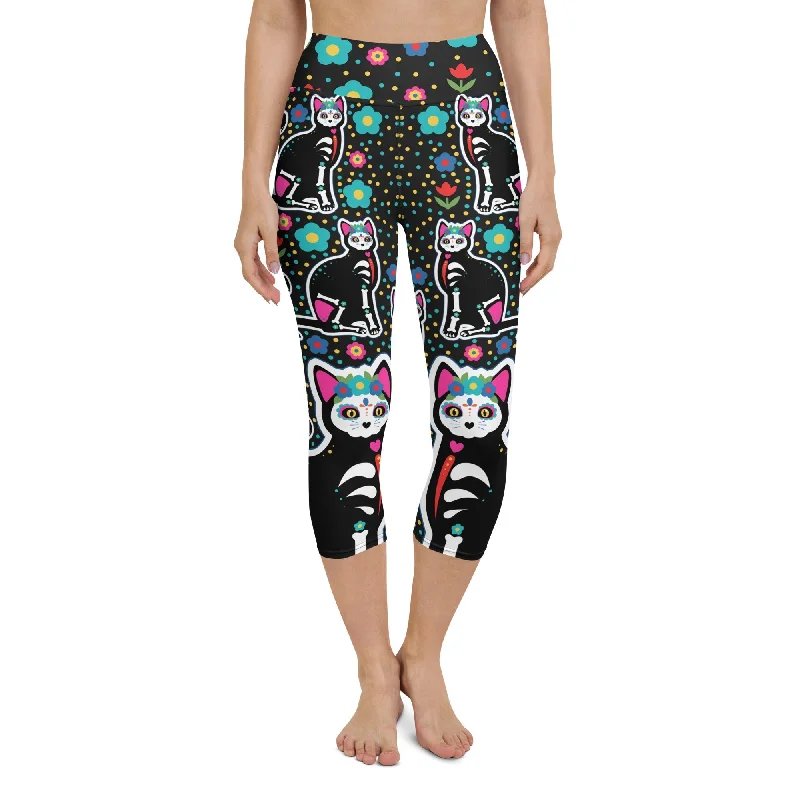 Day of the Dead Cat Print Yoga Capris