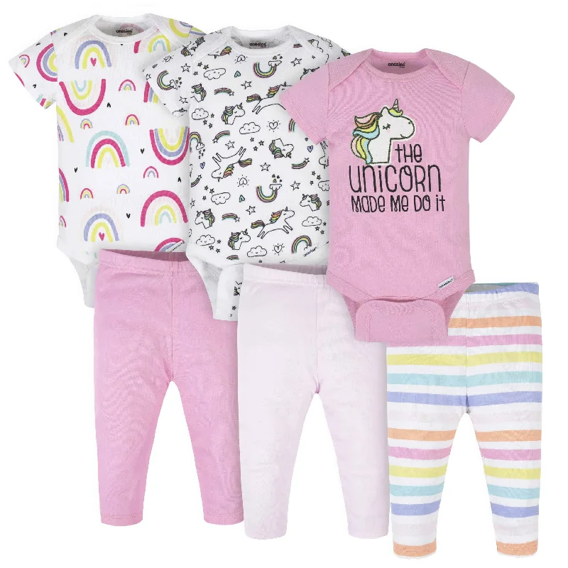 6-Piece Baby Girls Unicorn Onesies® Brand Bodysuits & Pants Set