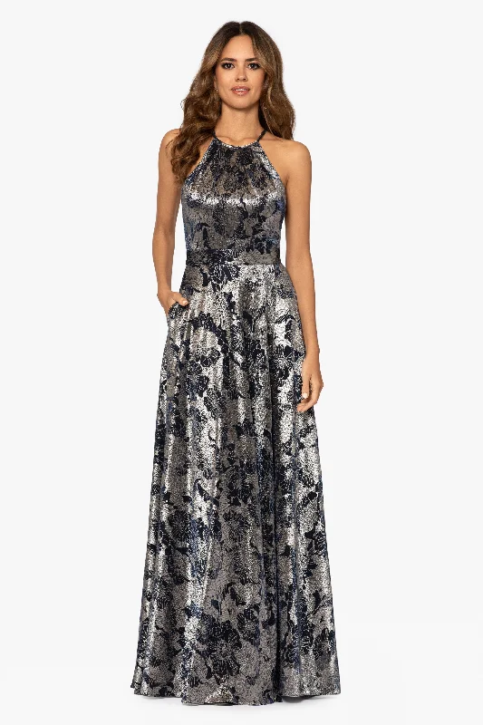 "Layla" Long Halter Top Wrap Foil Print Dress