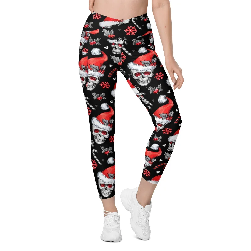 Christmassy Skulls Crossover Leggings With Pockets