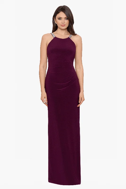 "Jayleen" High Neck Side Ruched Stretch Knit Gown