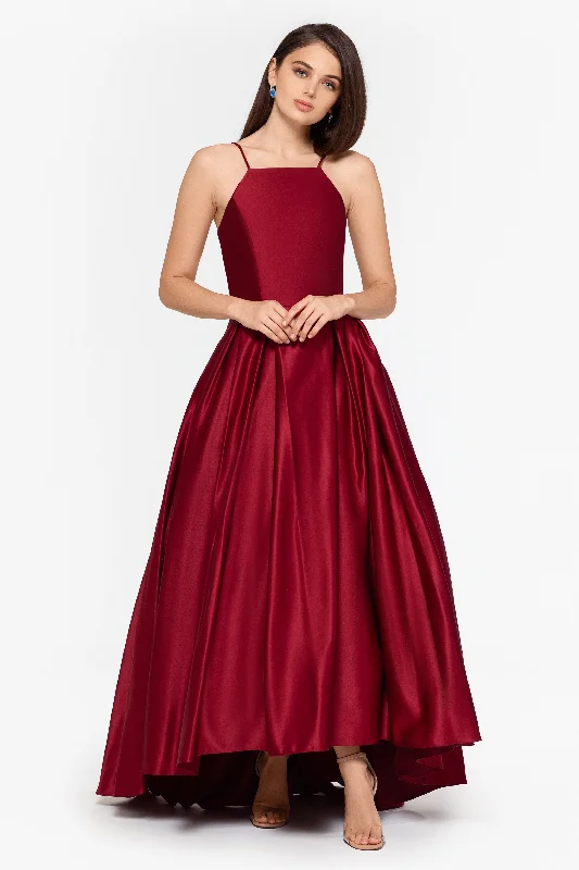 Petite "Grier" Long High Low Halter Satin Ballgown