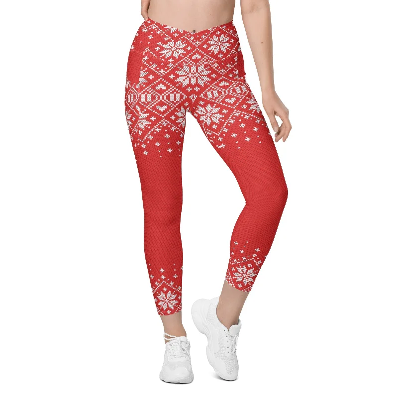 Red Knitted Print Christmas Crossover Leggings With Pockets