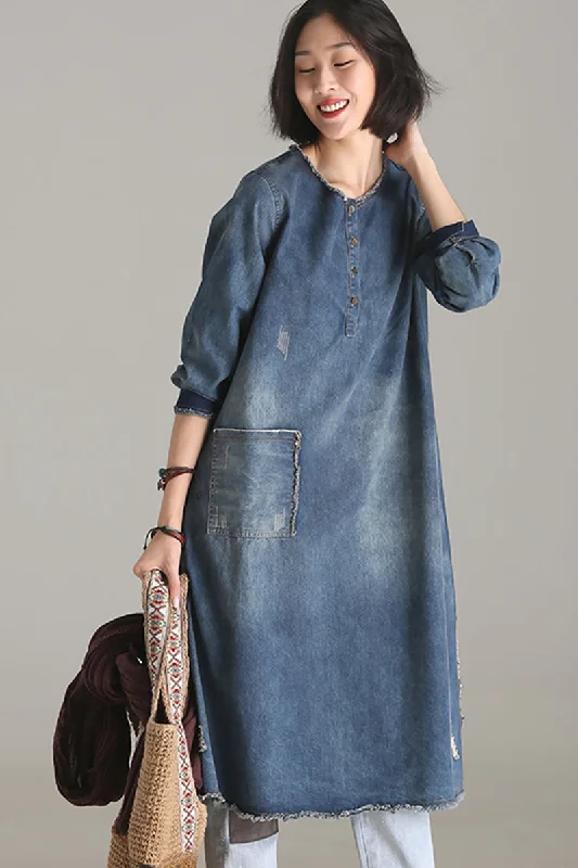 Vintage Casual Blue Denim Dresses Women Clothes