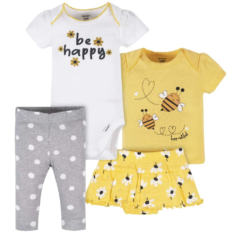 4-Piece Baby Girls Bee Garden Onesies® Bodysuit, Tee, Skort & Pant Set