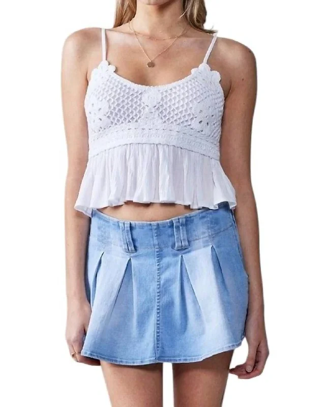 Stretchable Denim Pleated Mini Skort In Light Blue